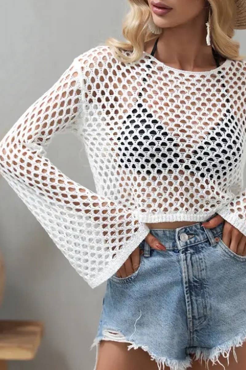 CWTSTSL0109_SPRING AND SUMMER CREW NECK HOLLOW KNIT CARDIGAN