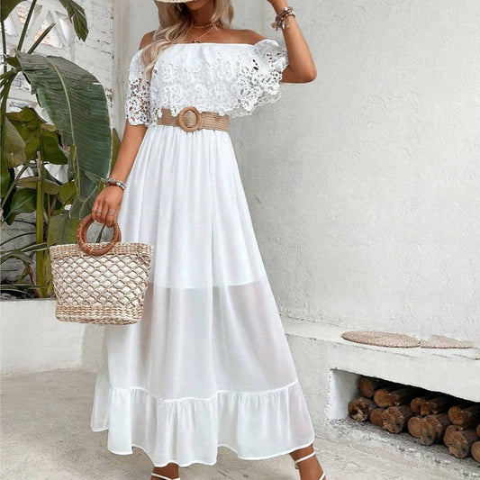 Off-the-shoulder lace patchwork ruffled dress