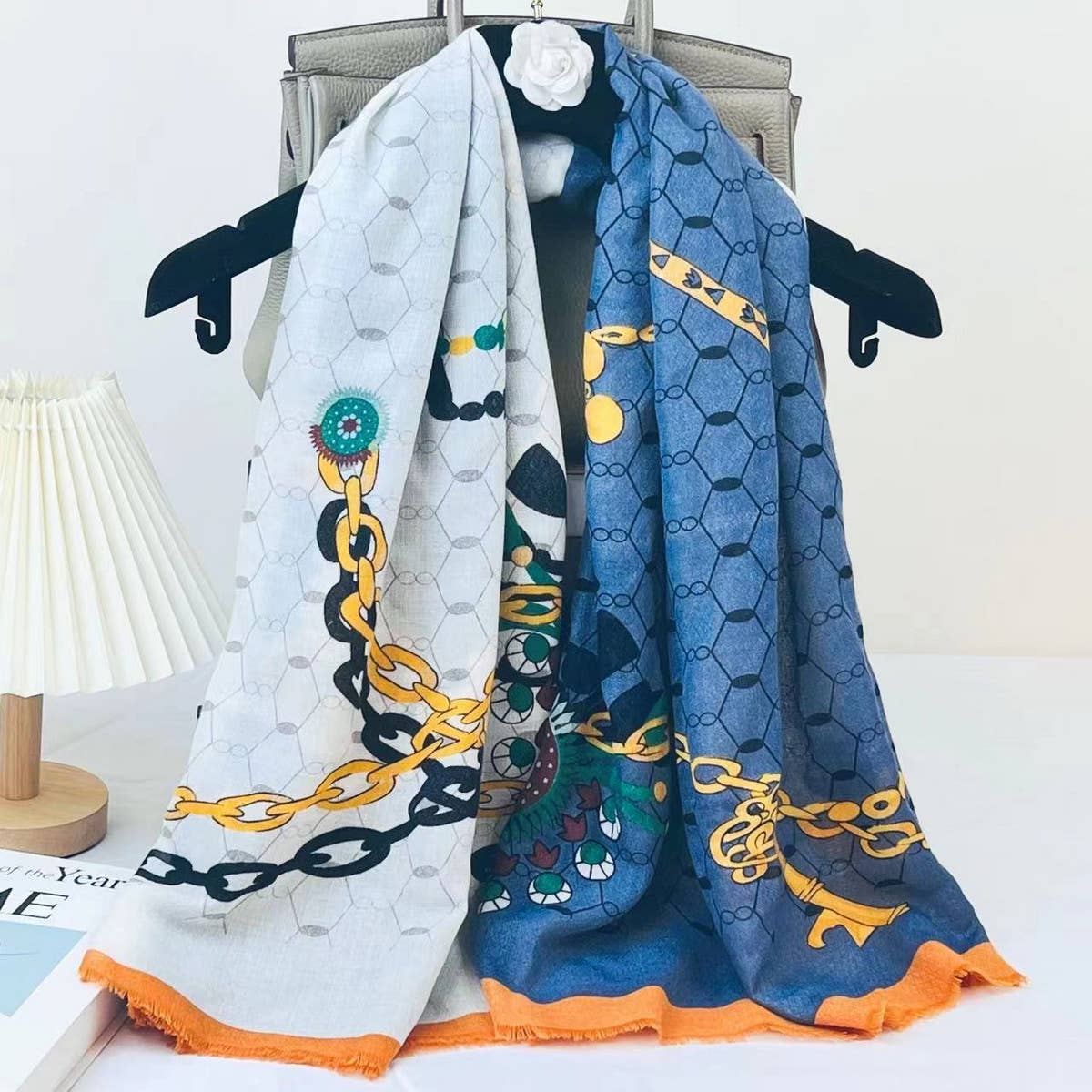 Chain Print Silk Wool Scarf ??Luxury Travel Shawl_CWASC0895