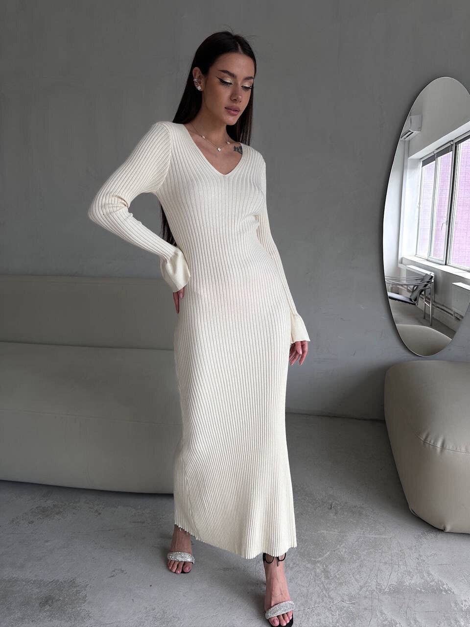 SOLID COLOR PIT WOOL WOVEN V-NECK SWEATER DRESS
