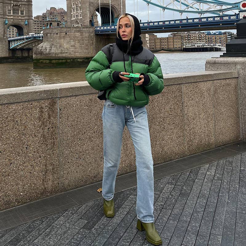 SOLID COLOR ROUND NECK ZIPPER POCKET BREAD JACKET