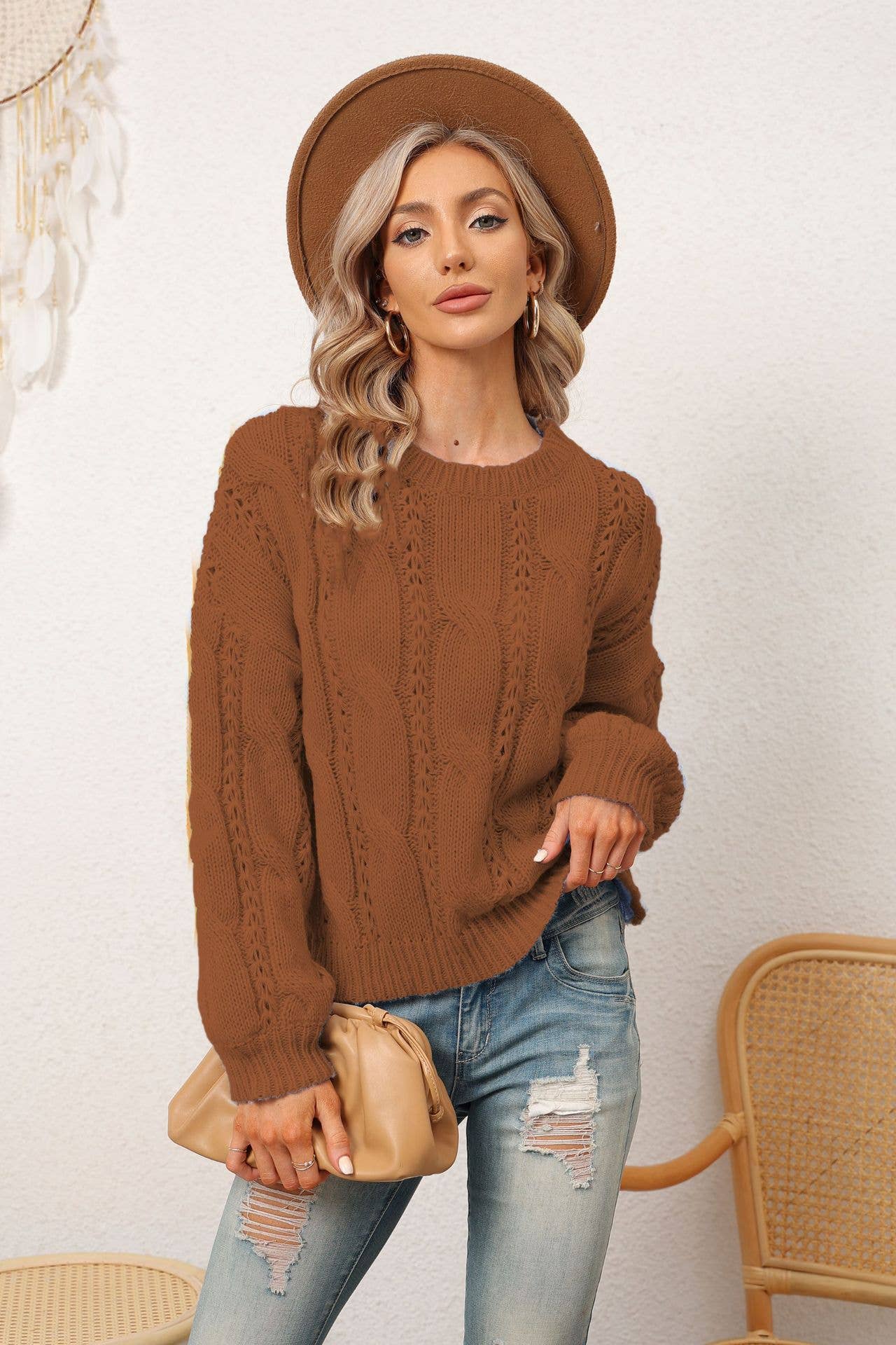 SOLID COLOR LOOSE FLORAL CREW-NECK PULLOVER_CWOSWL5513