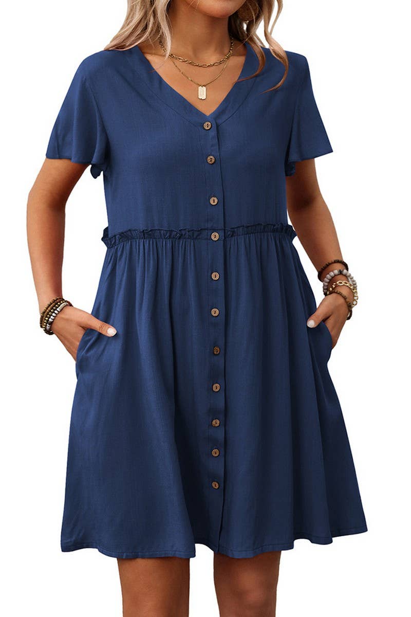 CWDSD7262_BOHEMIAN V-NECK SHORT-SLEEVED RUFFLE DRESS