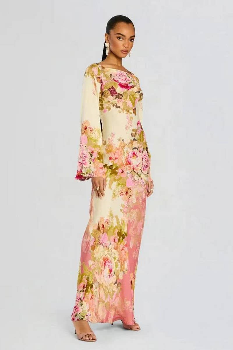 CWDMD6035_FLORAL PRINT LONG BELL SLEEVE MAXI EVENING DRESS