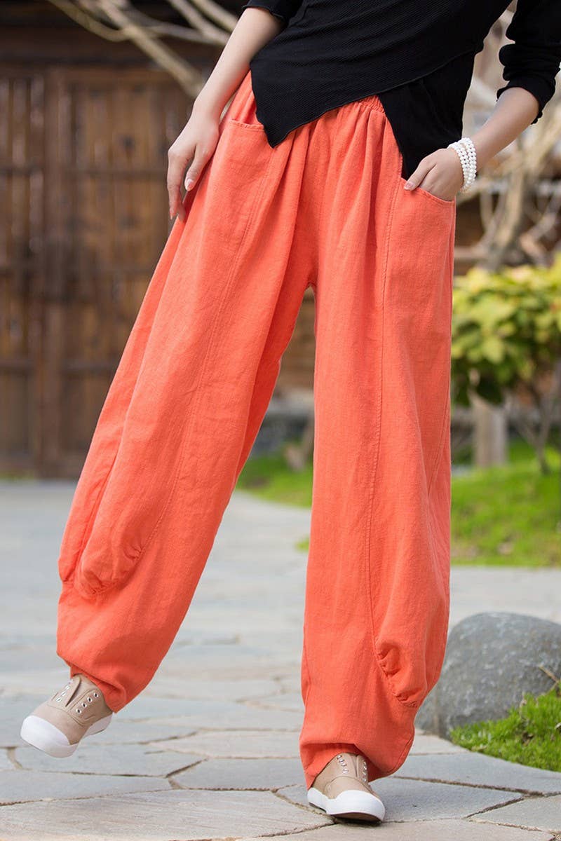 CWBLP1379_SOLID COLOR RAMIE SAND-WASHED WIDE-LEG PANTS