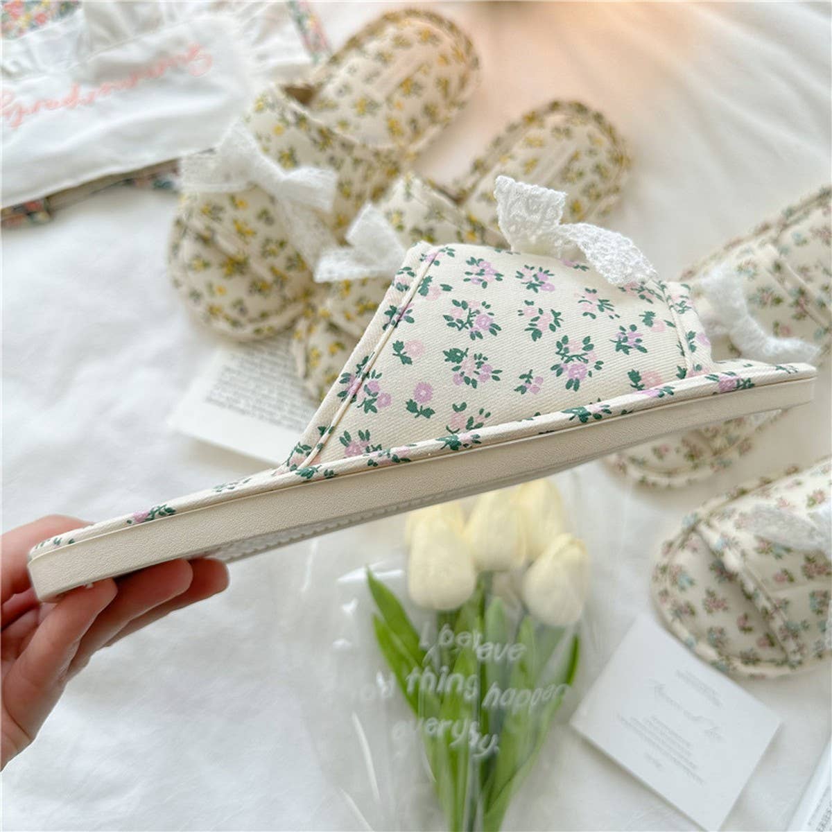 LACE BOW SMALL FLORAL THICK-SOLED HOME SLIPPERS