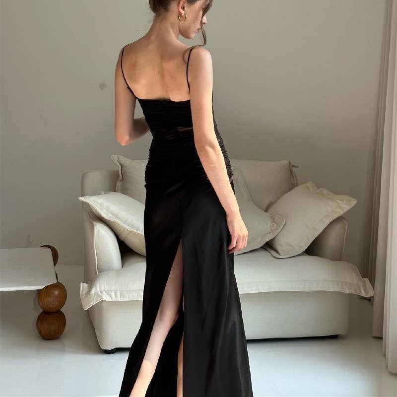 Sheer mesh high slit strapless bodycon maxi dress