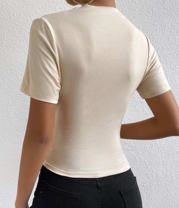 SOLID COLOR SLIM-FIT PLEATED DESIGN STYLE T-SHIRT