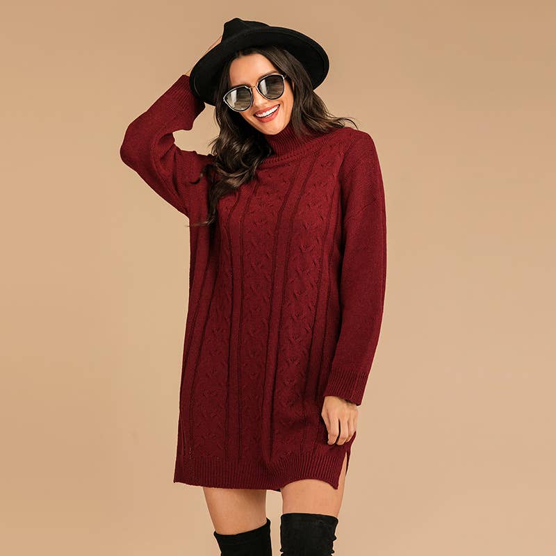 MID-LENGTH CASUAL KNIT SKIRT WITH LOOSE HIGH NECK