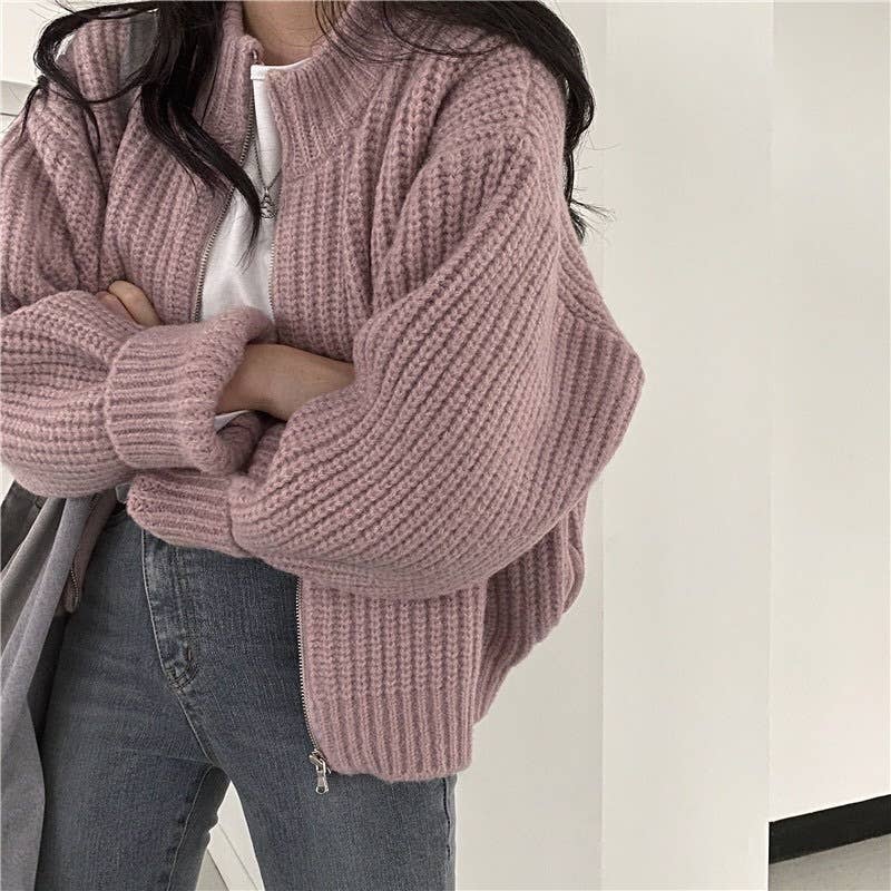 Solid-color zipper thick knitted cardigan