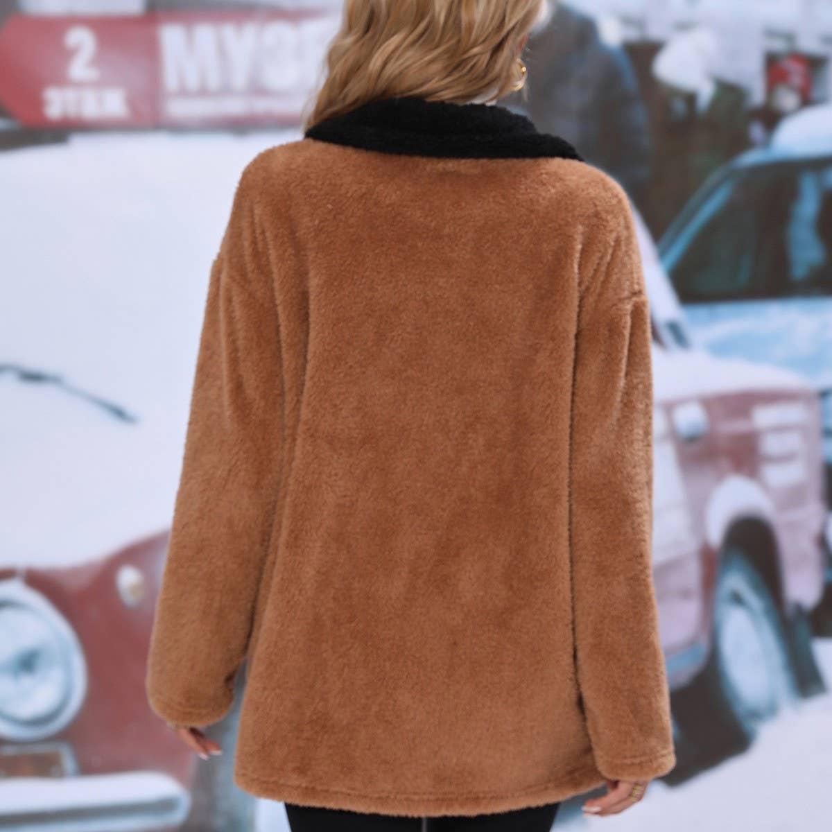 Lapel long sleeve color matching fleece jacket