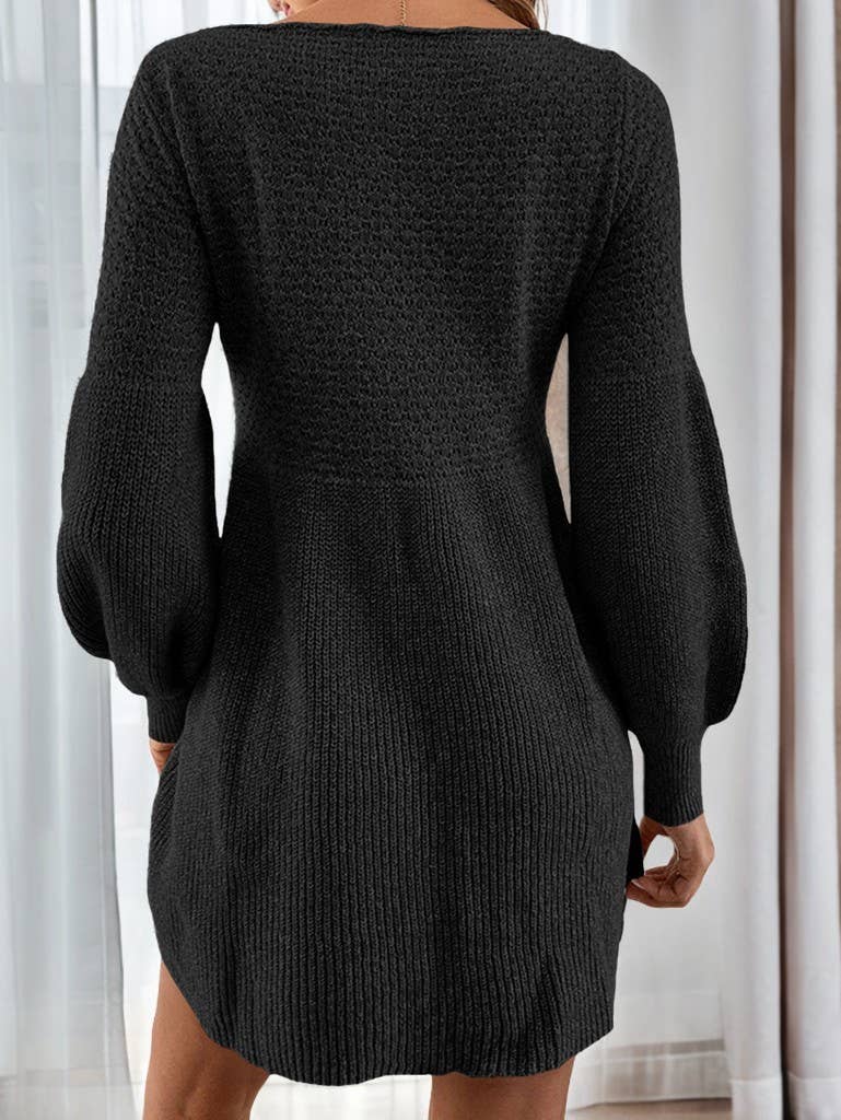 Lantern sleeve high-waisted knitted dress