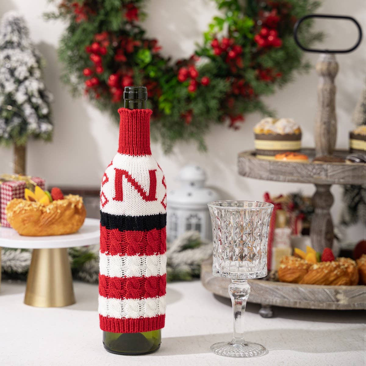CWMM10337_KNITTED LETTER WINE BOTTLE COVER RED WHITE STRIPES