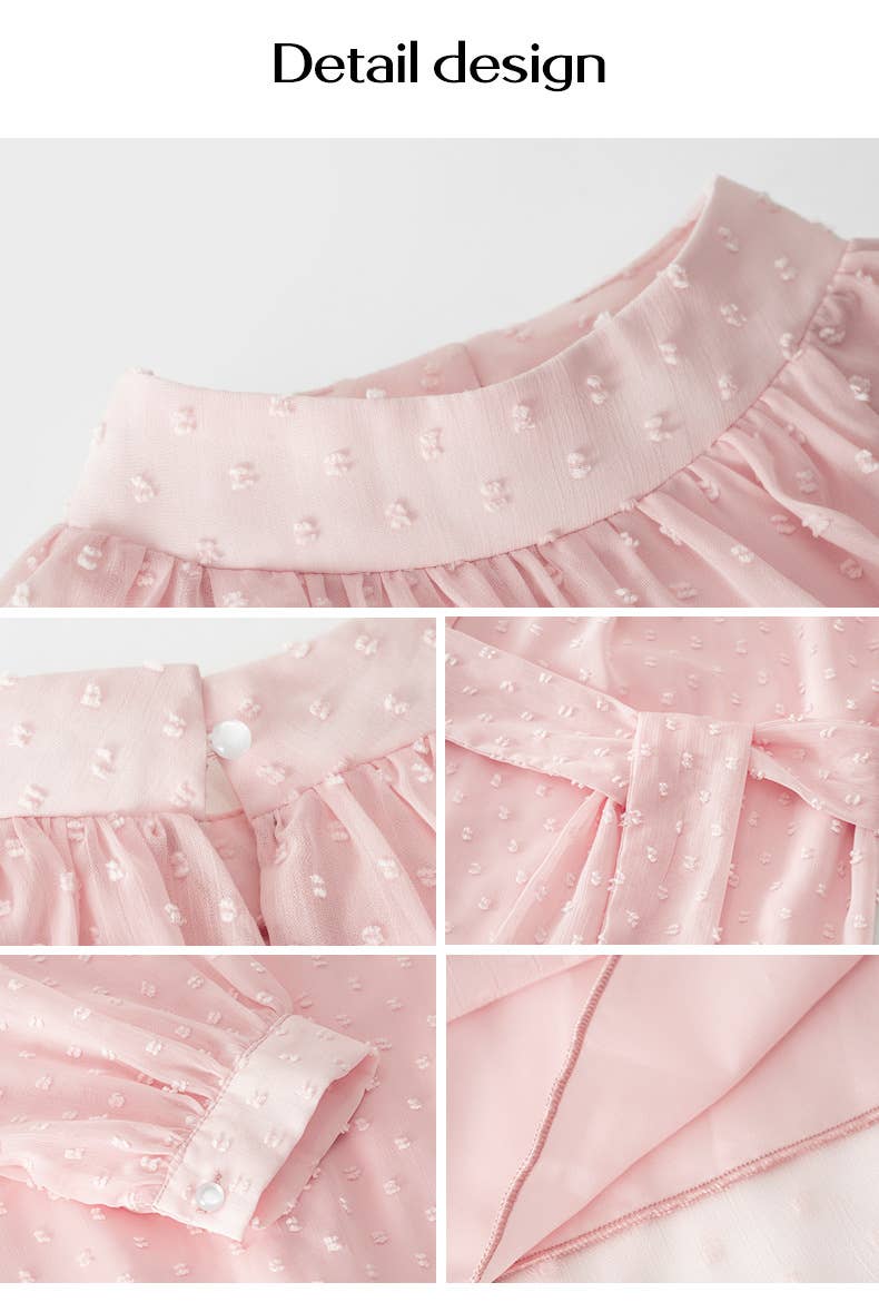 JACQUARD MESH LACE-UP WAIST ROUND NECK LONG DRESS