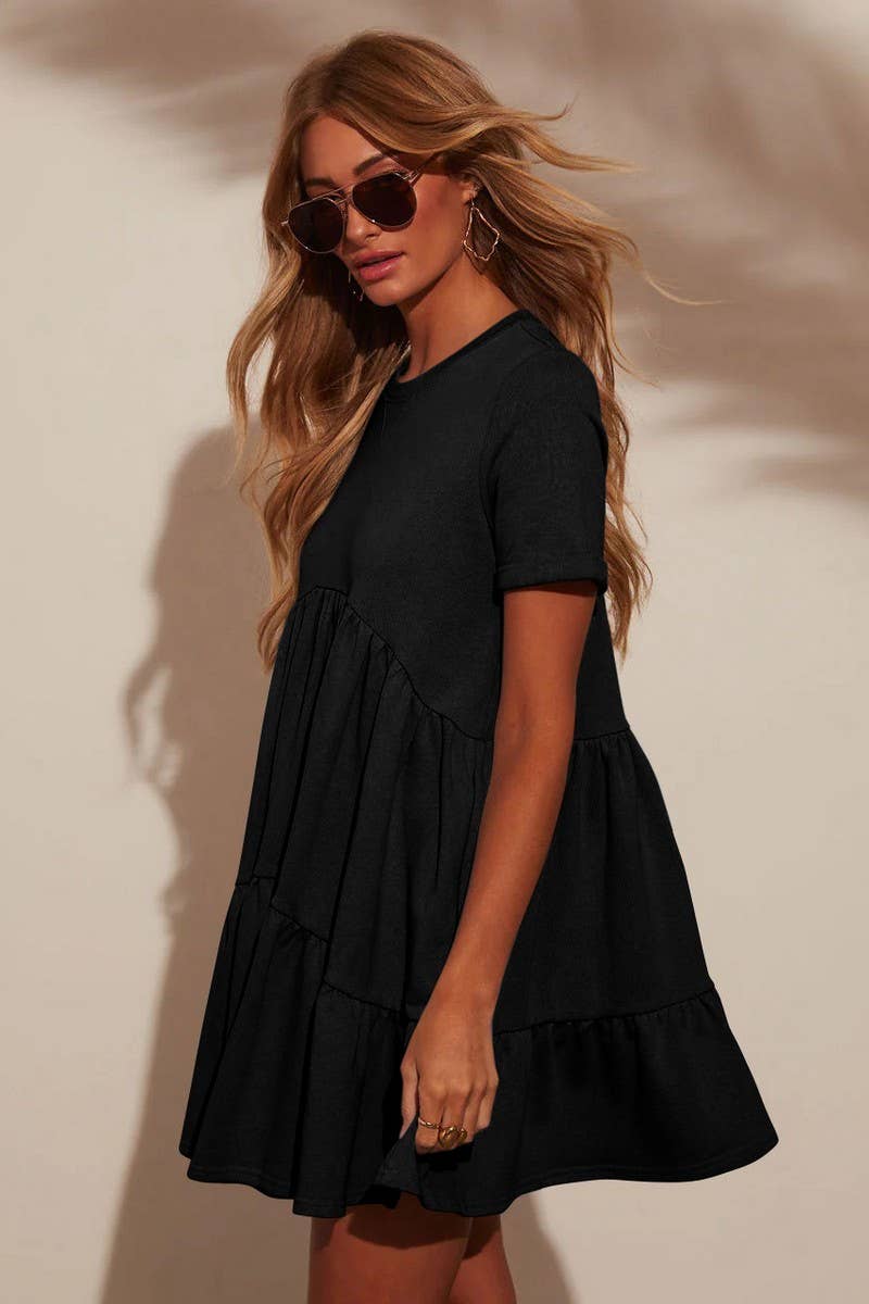 CWDSD7774_CASUAL POCKETED SHORT SLEEVE RUFFLED DRESS