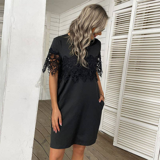 SHORT SLEEVE T-SHIRT LACE PATCHWORK DRESS