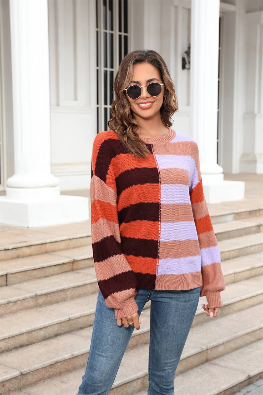 STRIPED CONTRA COLOR CREW NECK SWEATER PULLOVER