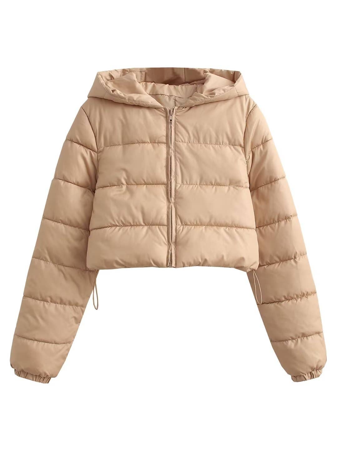 Short solid-color hooded hand-stuffed jacket