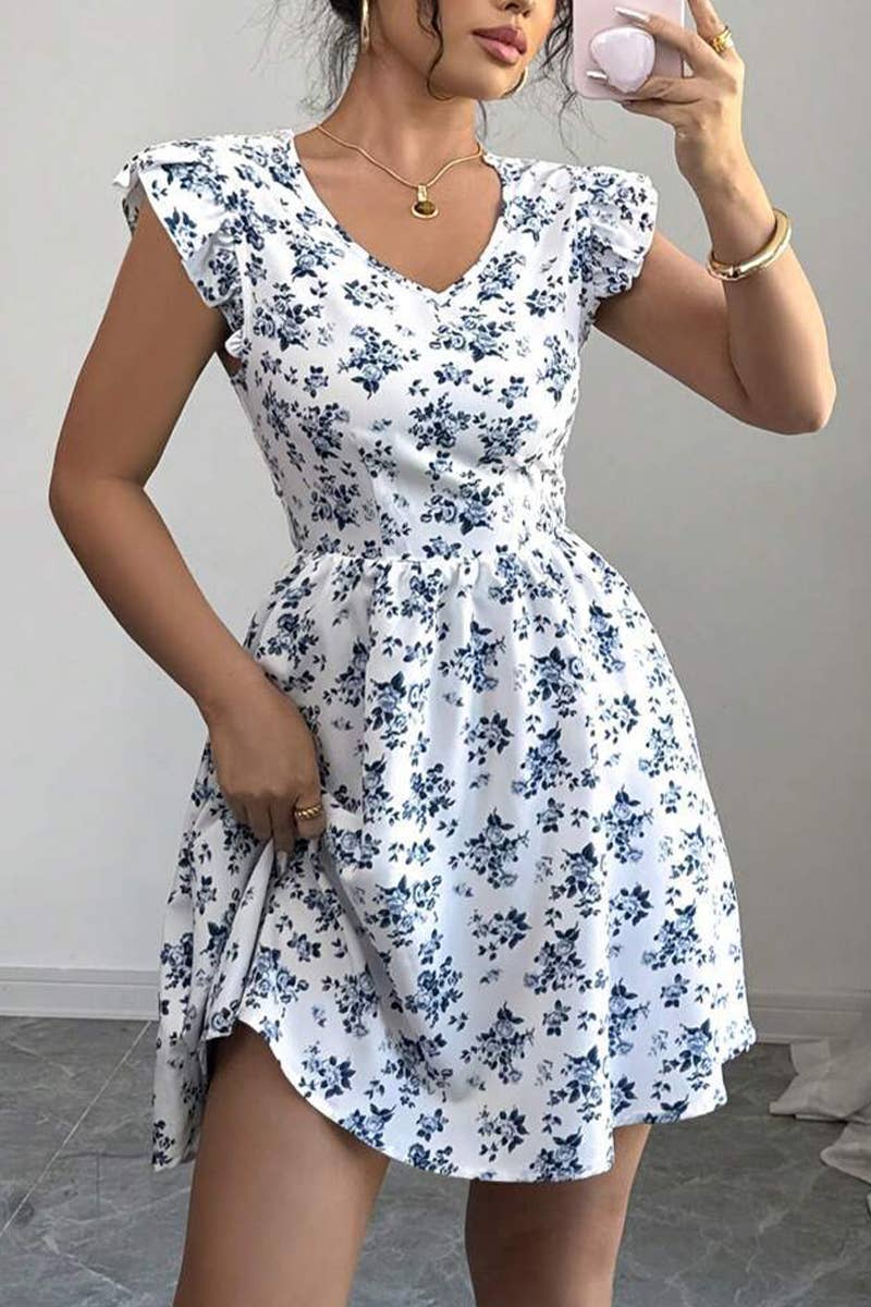 CWDSD8299_V NECK FRENCH FLORAL PRINT RUFFLE DRESS