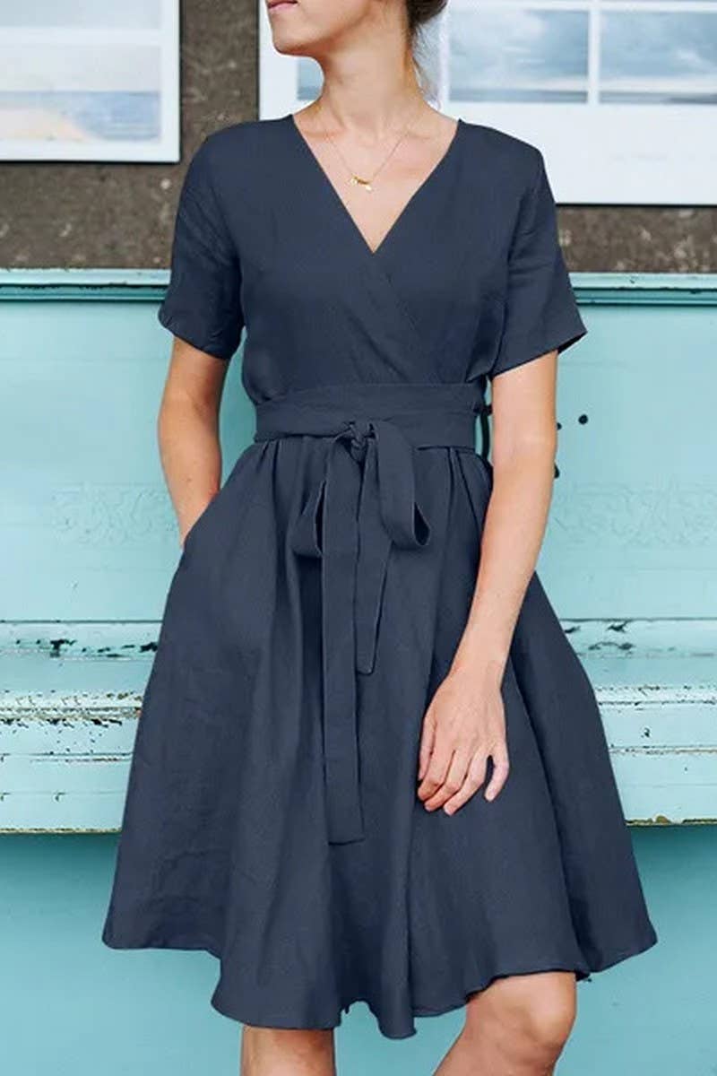 CWDSD5499_V-NECK BELT SHORT-SLEEVED COTTON AND LINEN DRESS