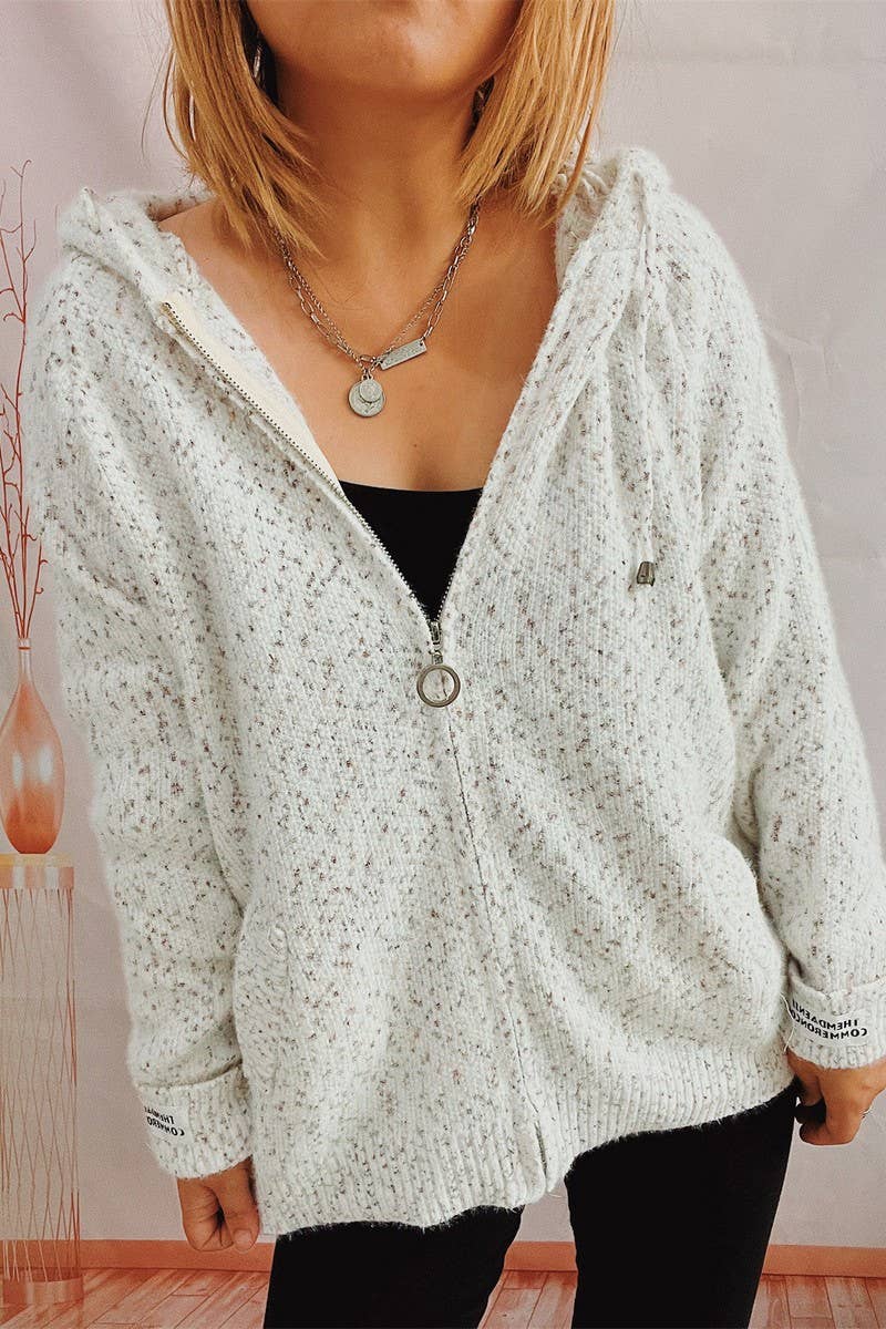 Hooded drawstring zipper pocket knit cardigan