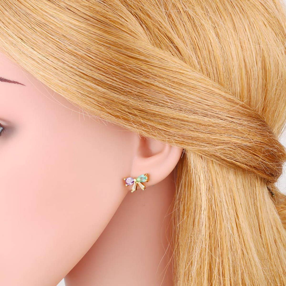COLORED ZIRCON HEART BOW EARRINGS
