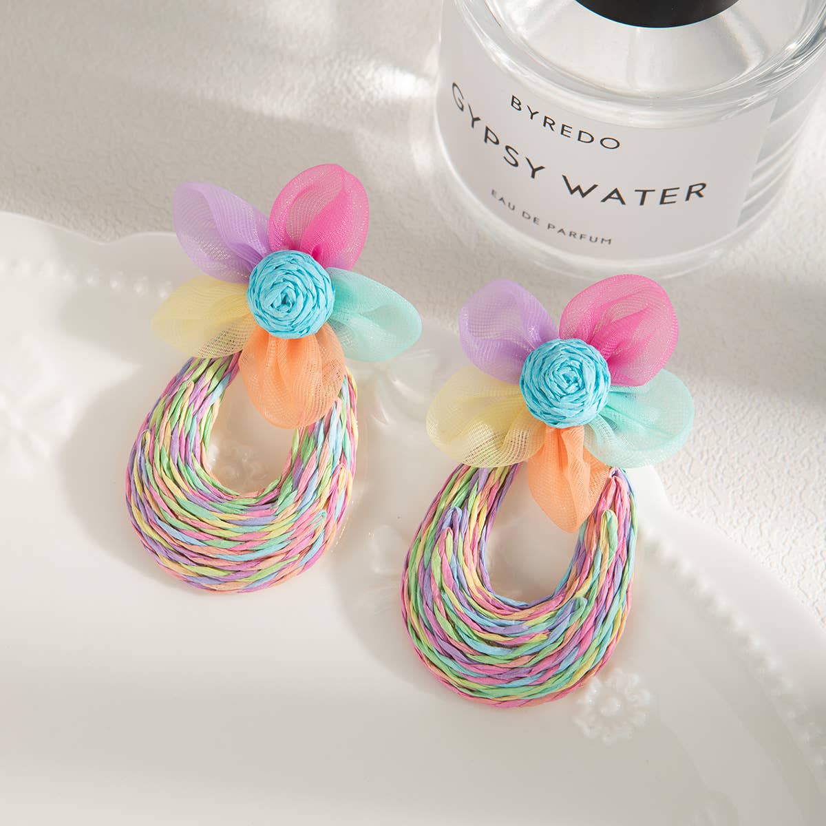 Floral Raffia Mesh Drop Earrings