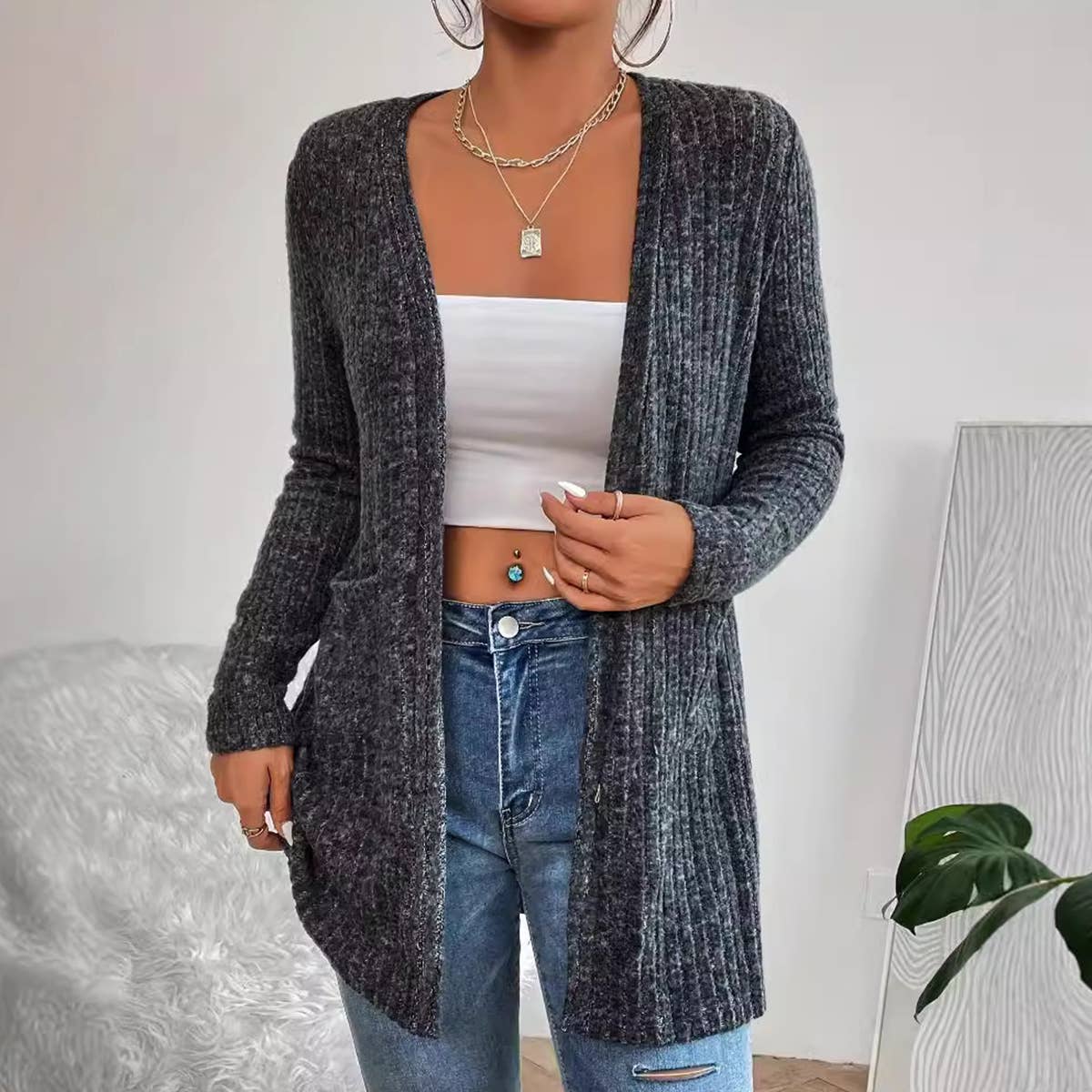 SOLID COLOR CASUAL KNITTED LONG-SLEEVED COAT