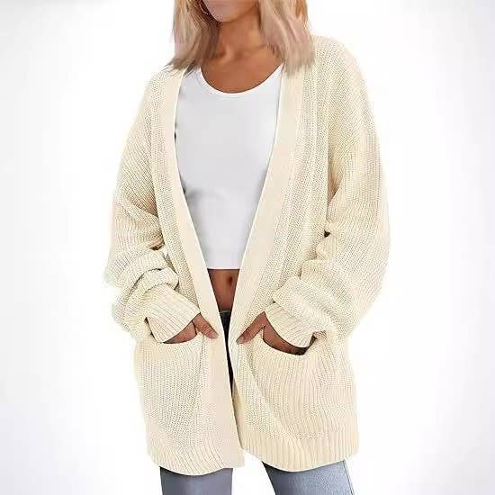 SOLID COLOR LONG KNIT WOMEN POCKET CARDIGAN COAT