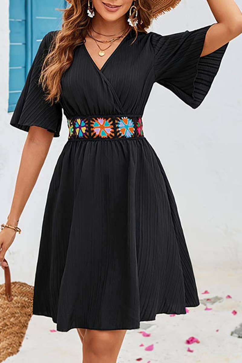 CWDSD7645_EMBROIDERED LACE TRIM ELASTIC WAIST SHORT DRESS