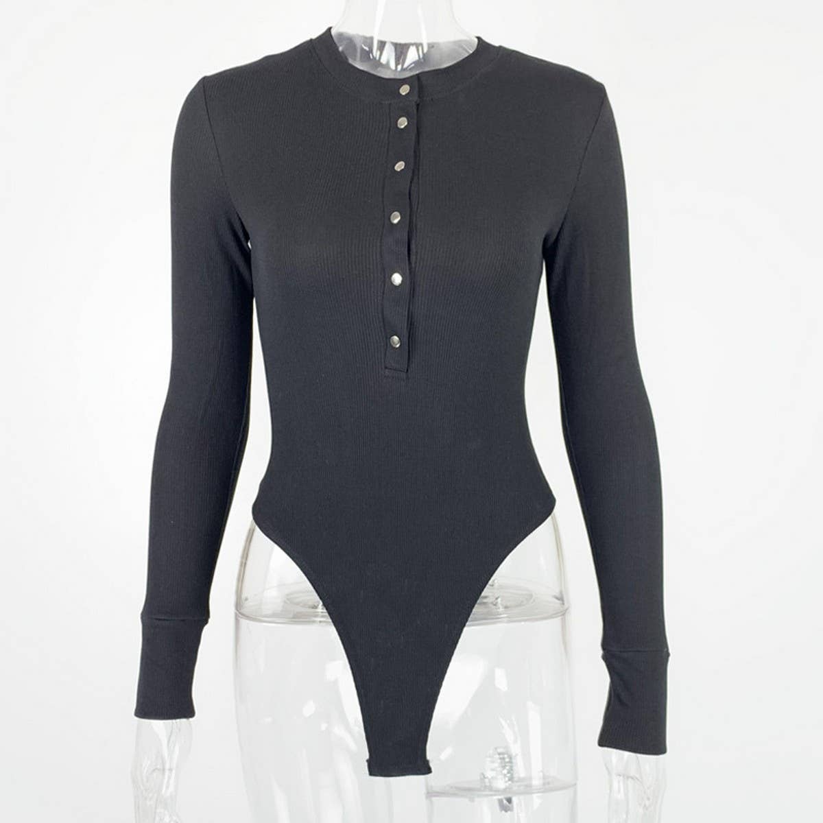 BUTTON COLLAR RIBBED LONG SLEEVED BODYSUIT_CWSBSL0043
