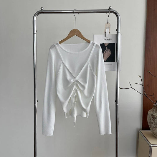 Fake two drawstring slimming knit long-sleeved tops