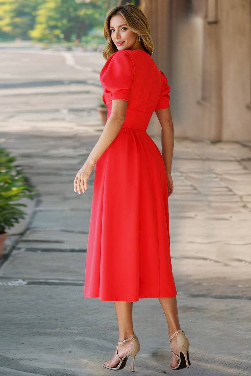 CWDMD6126_SOLID V-NECK LANTERN SLEEVE BODYCON DRESS