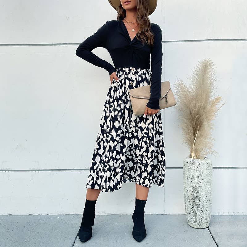 WOMEN'S FAKE TWO-PIECE PATCHWORK BUTTON DRESS