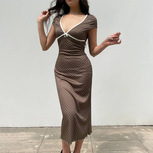 Polka dot print short-sleeved mid-length dress
