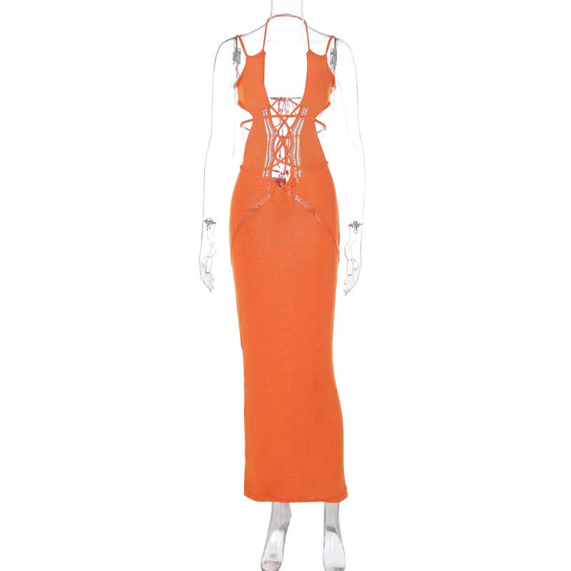 SEXY LACE-UP CUT-OUT HALTER KNIT DRESS
