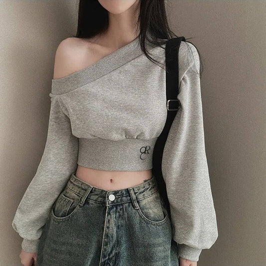 SLOPING NECK OFF-THE-SHOULDER LOOSE HOODIE