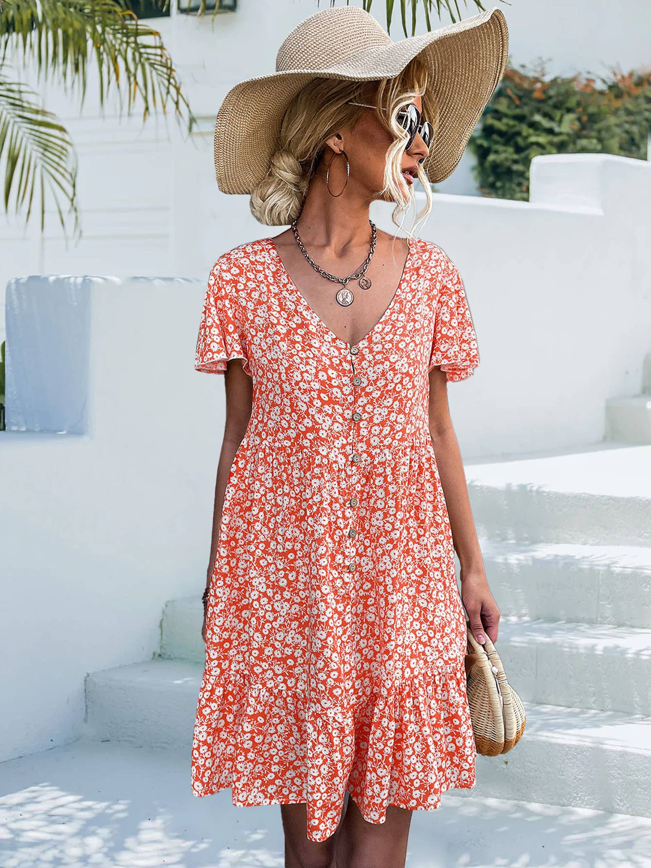 Single breasted V-neck floral loose short dress