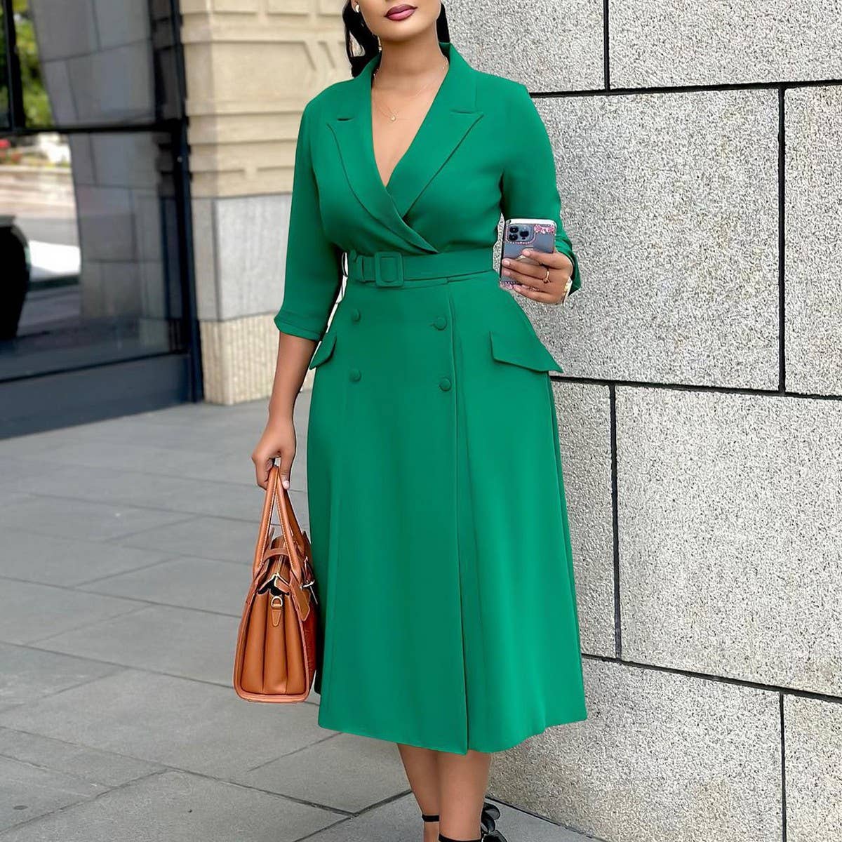 DOUBLE BREASTED SUIT COLLAR SOLID COLOR DRESS