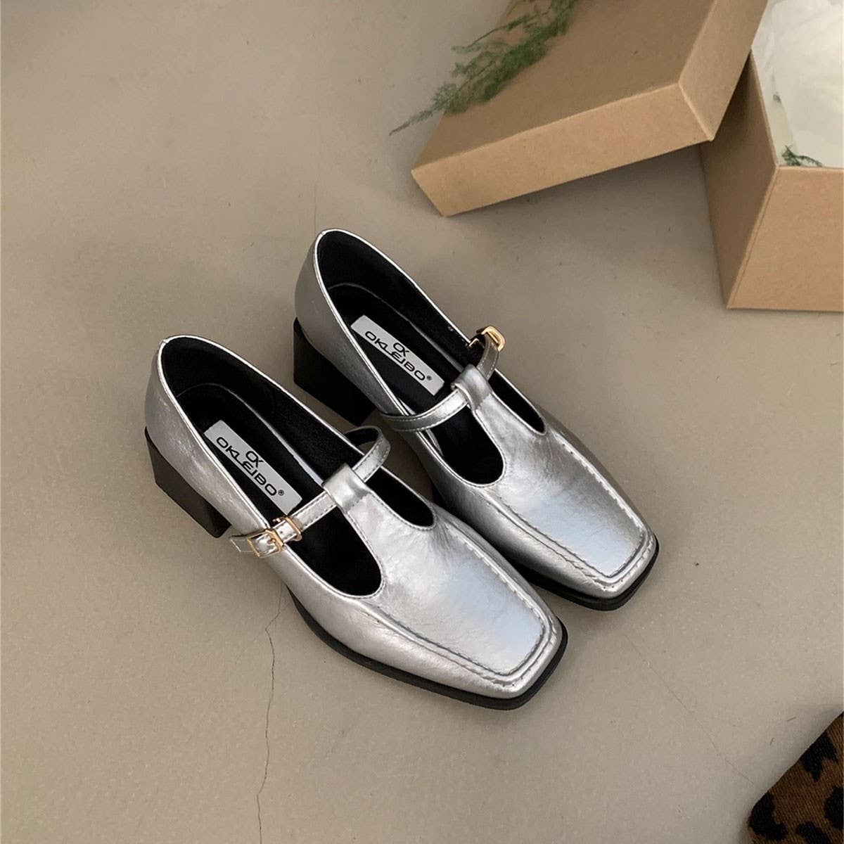 Silver Mary Jane Shoes Women Chunky Heel