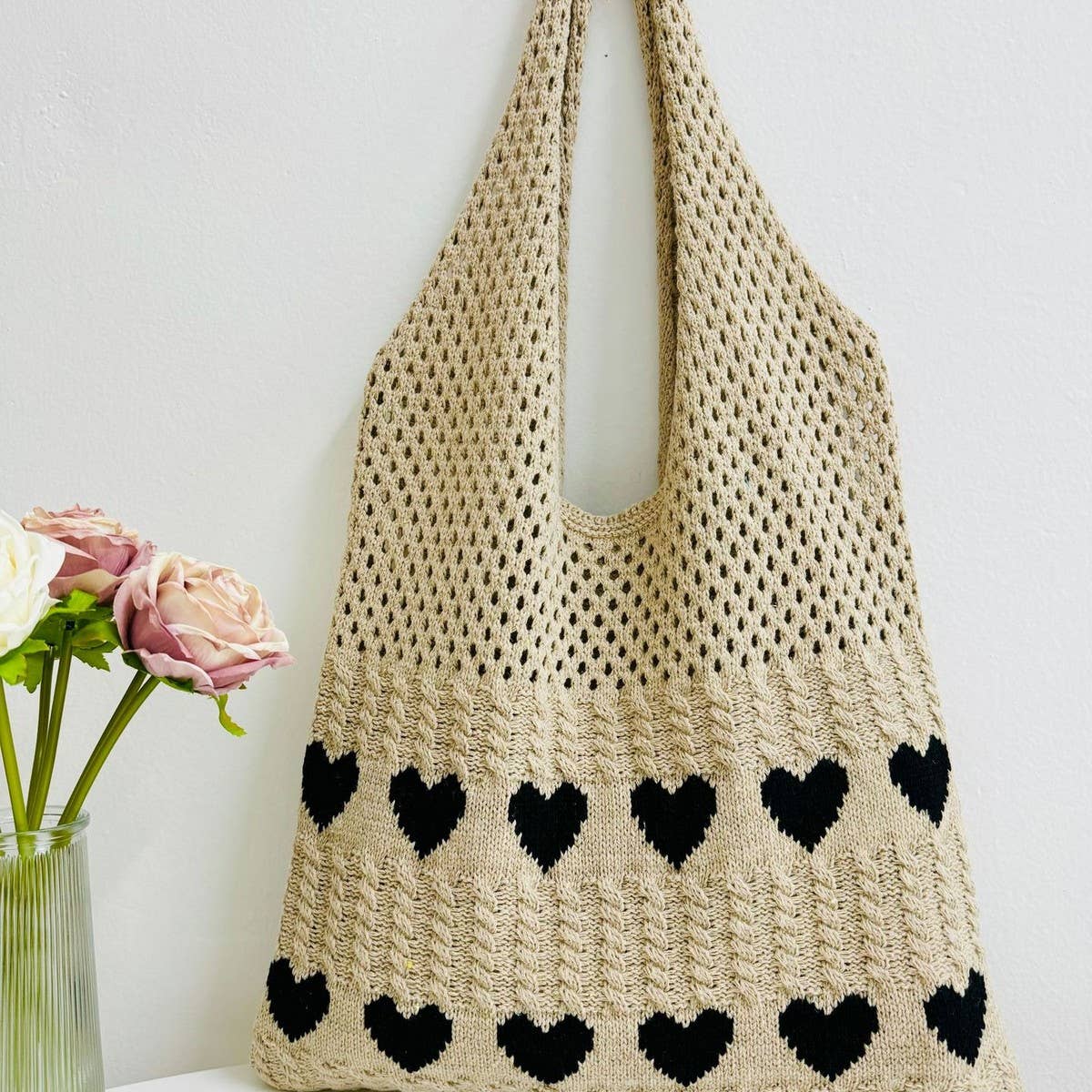 CWAB5068_HEART PATTERN WOVEN BAG LARGE CAPACITY TOTE BAG