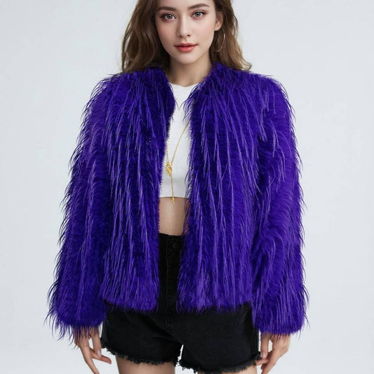 Fringed Faux Fur Short Coat Women Solid Color