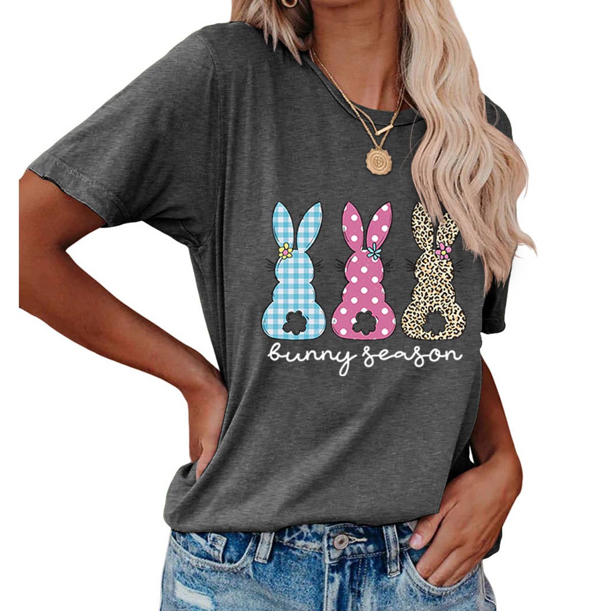 EASTER ROUND NECK LOOSE BUNNY PRINT T SHIRT_CWTTS0856