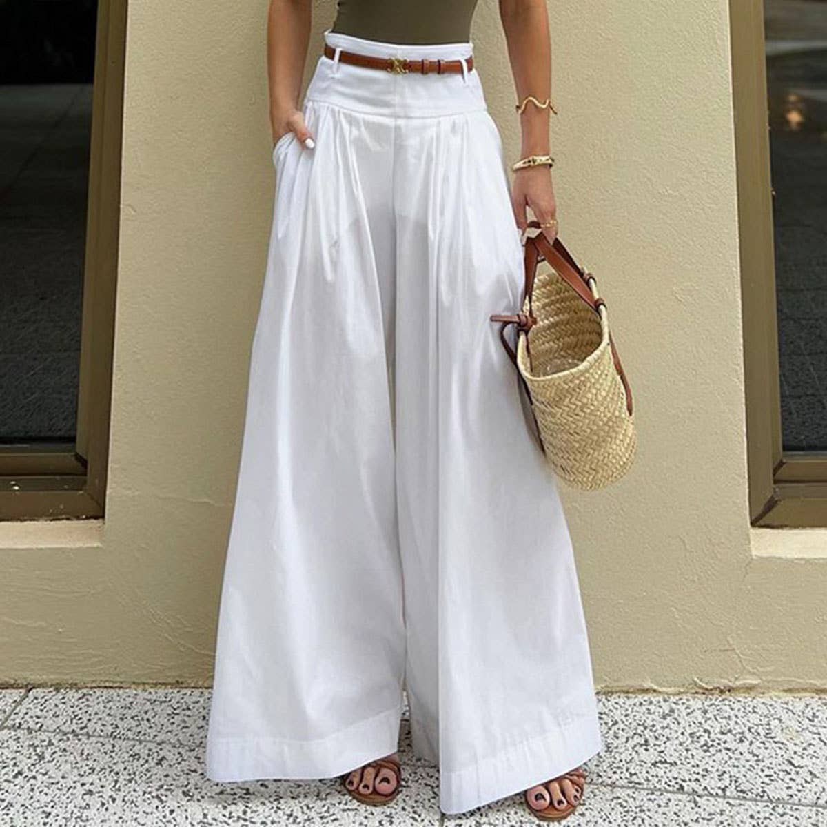 Solid-color high-waisted casual wide-leg pants