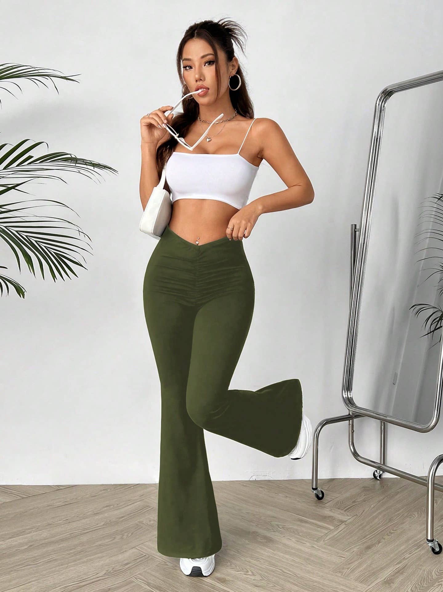 V-shaped waist slimming slightly flared trousers