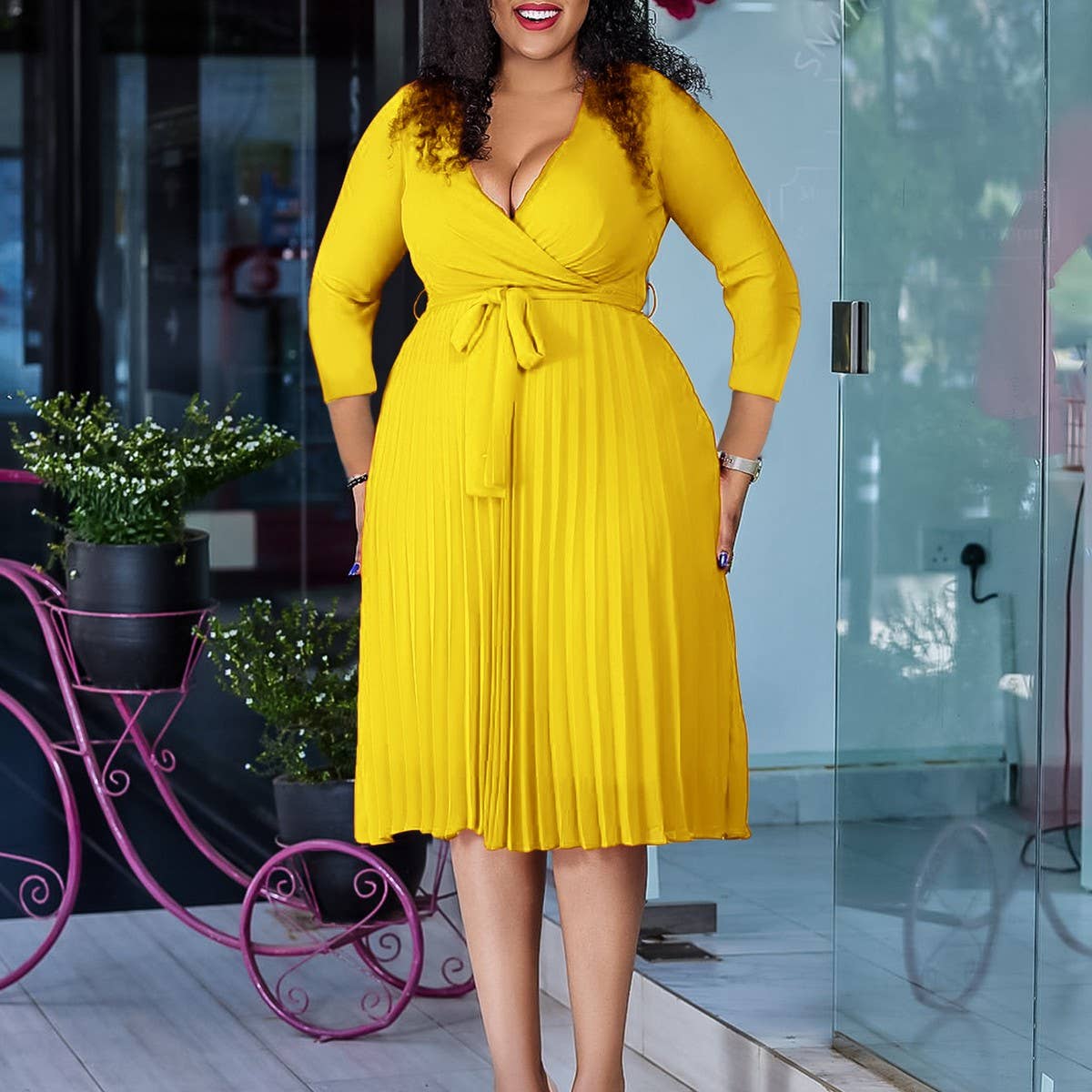 SOLID COLOR V-NECK LONG SLEEVE PLEATED SKIRT DRESS_CWDSD6145