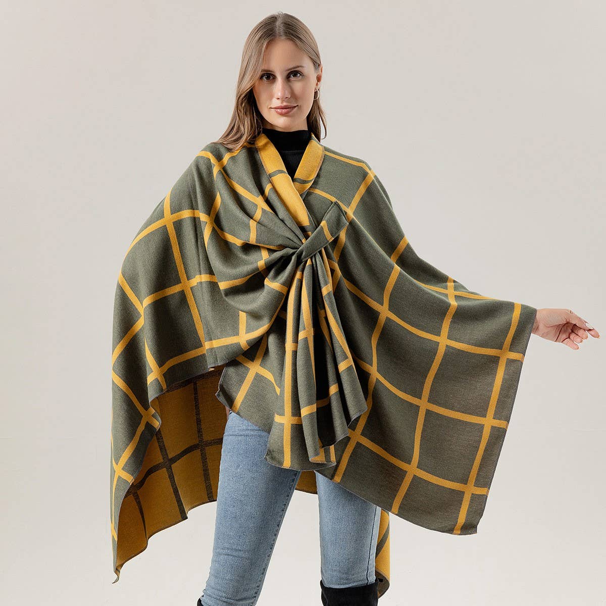 SIDE-STRAP SHAWL PLAID SLIT CAPE WARM SCARF