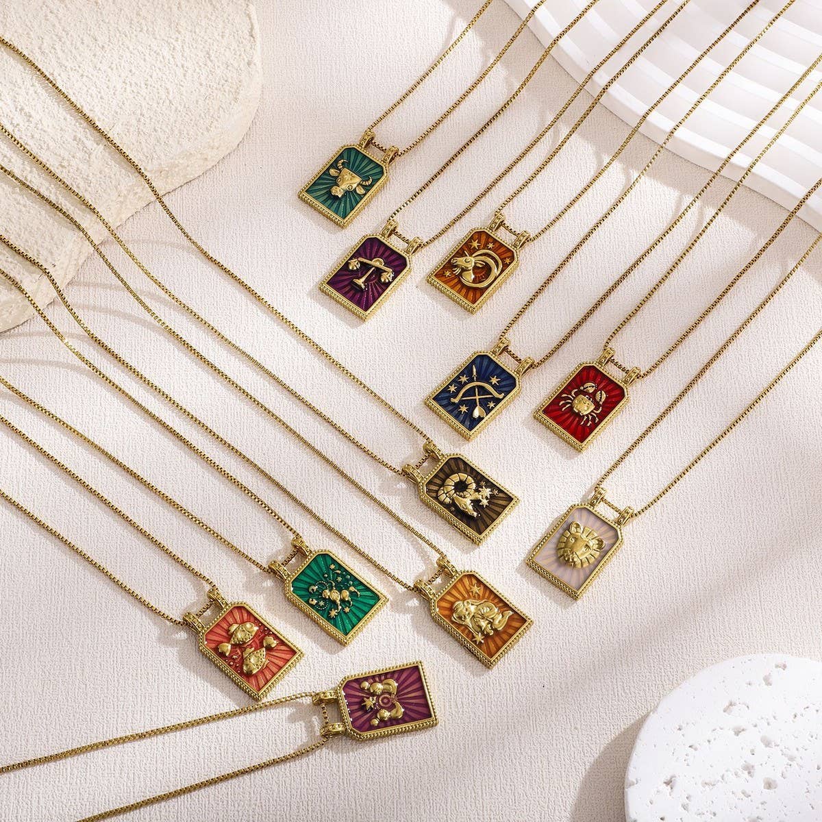 Vintage Square Zodiac Necklace with Enamel