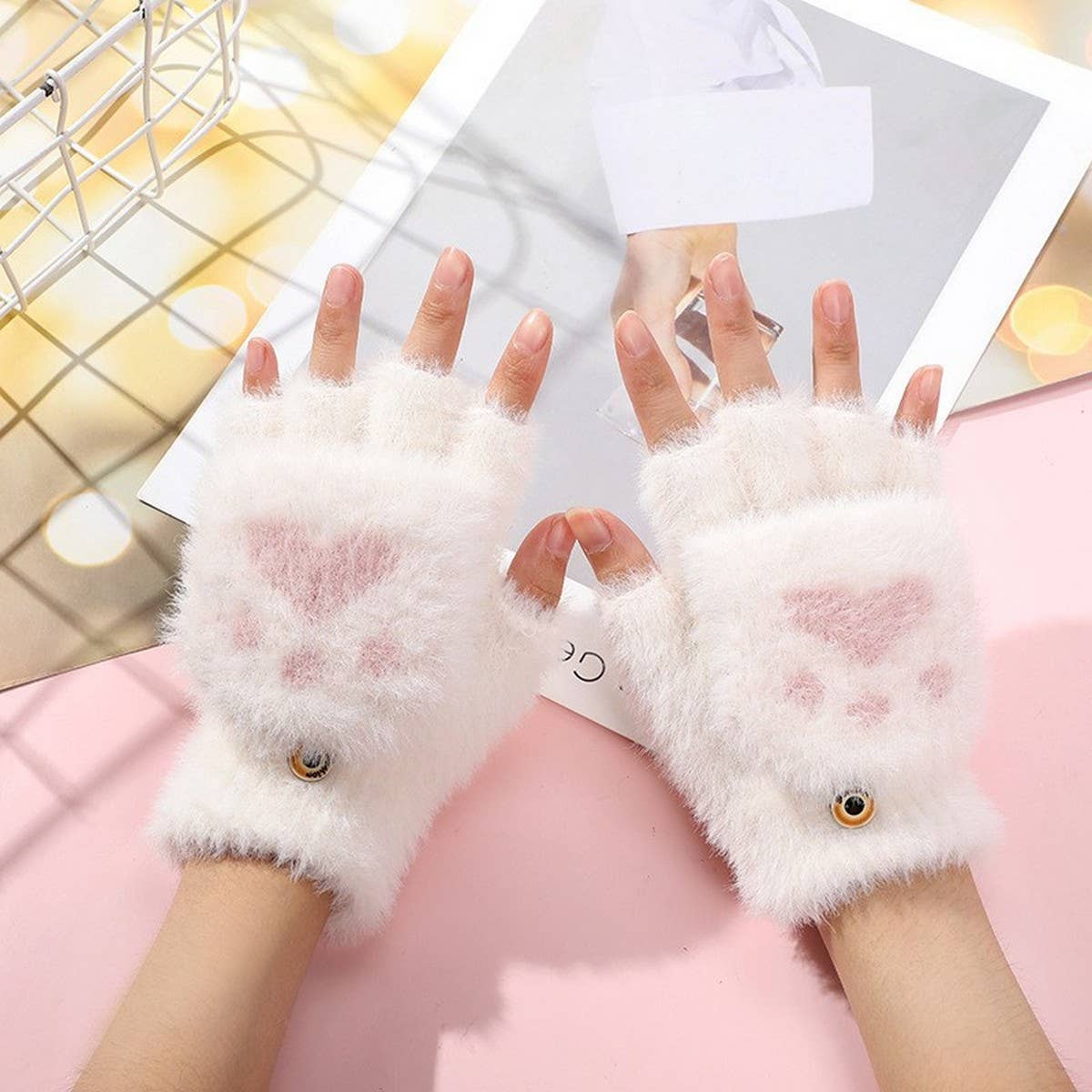 CWAG00552_CUTE CAT PAW BEAR CLAW KNIT GLOVES