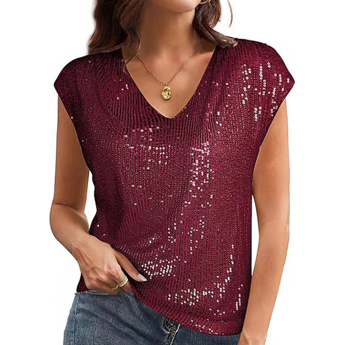 Solid color top rotator cuff sequined V-neck